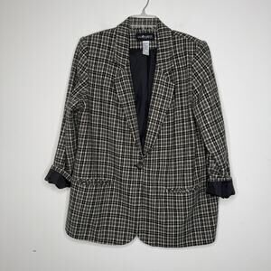 Sag Harbor Plus Size Wool Blend Black Gray Brown Plaid One Button Blazer 18W VTG